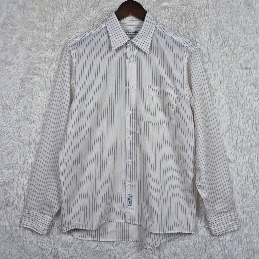 Vintage Christian Dior Chemises Mens Pinstripe Button Down Shirt White 15.5